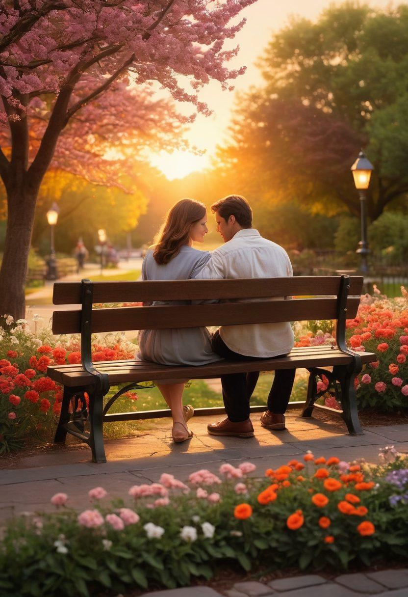 A serene couple sitting on a cozy park bench, surrounded by blooming flowers, exchanging loving glances with a backdrop of a sunset, symbolizing the journey from courtship to commitment. Include soft, warm lighting to evoke nostalgia and coziness, while adding subtle elements like intertwined hands and a scrapbook filled with cherished memories beside them. vibrant colors. super-realistic.