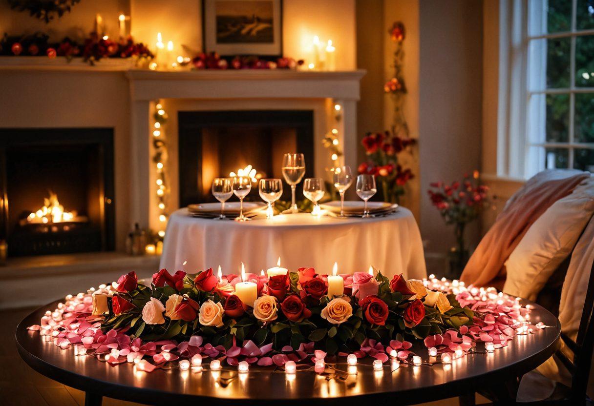A cozy, candlelit dinner setting with twinkling fairy lights, featuring a beautifully set table for two, surrounded by soft rose petals. In the background, a fireplace with flickering flames creates a warm ambiance. The atmosphere radiates romance and intimacy with soft shadows and gentle lighting. super-realistic. warm colors. romantic ambiance.