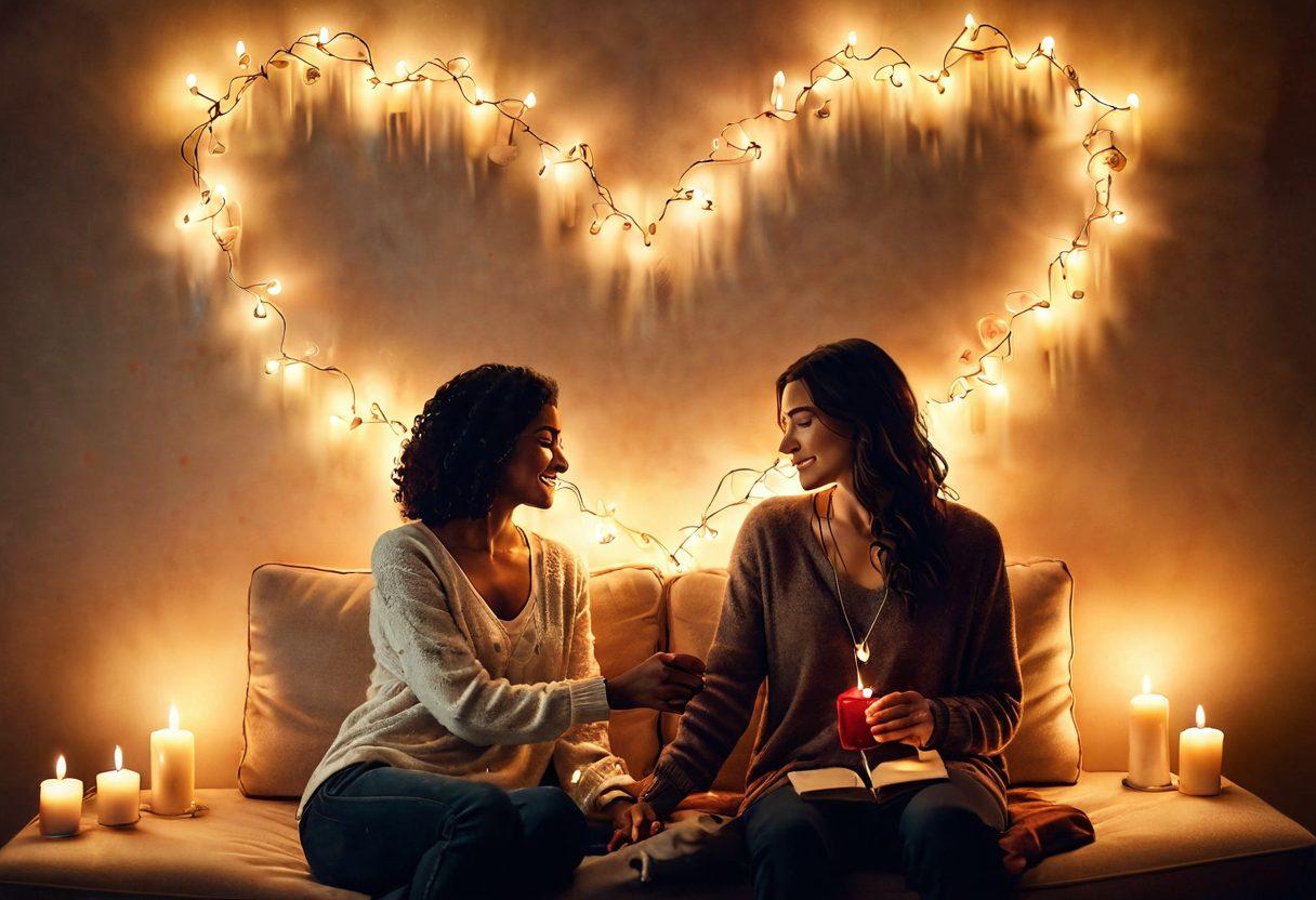A warm, intimate setting with a couple sitting close together on a cozy couch, surrounded by soft lighting, candles, and heart-shaped decorations. They are sharing a passionate gaze while holding hands, emphasizing connection and affection. Incorporate abstract representations of love swirling around them, symbolizing their bond. super-realistic. warm tones. soft focus.
